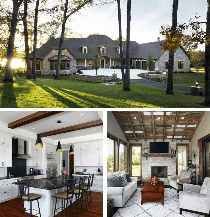Three image photo collage: front exterior of large stone house, large white kitchen with center island, and living room surrounded by high windows and exposed beam wood ceiling