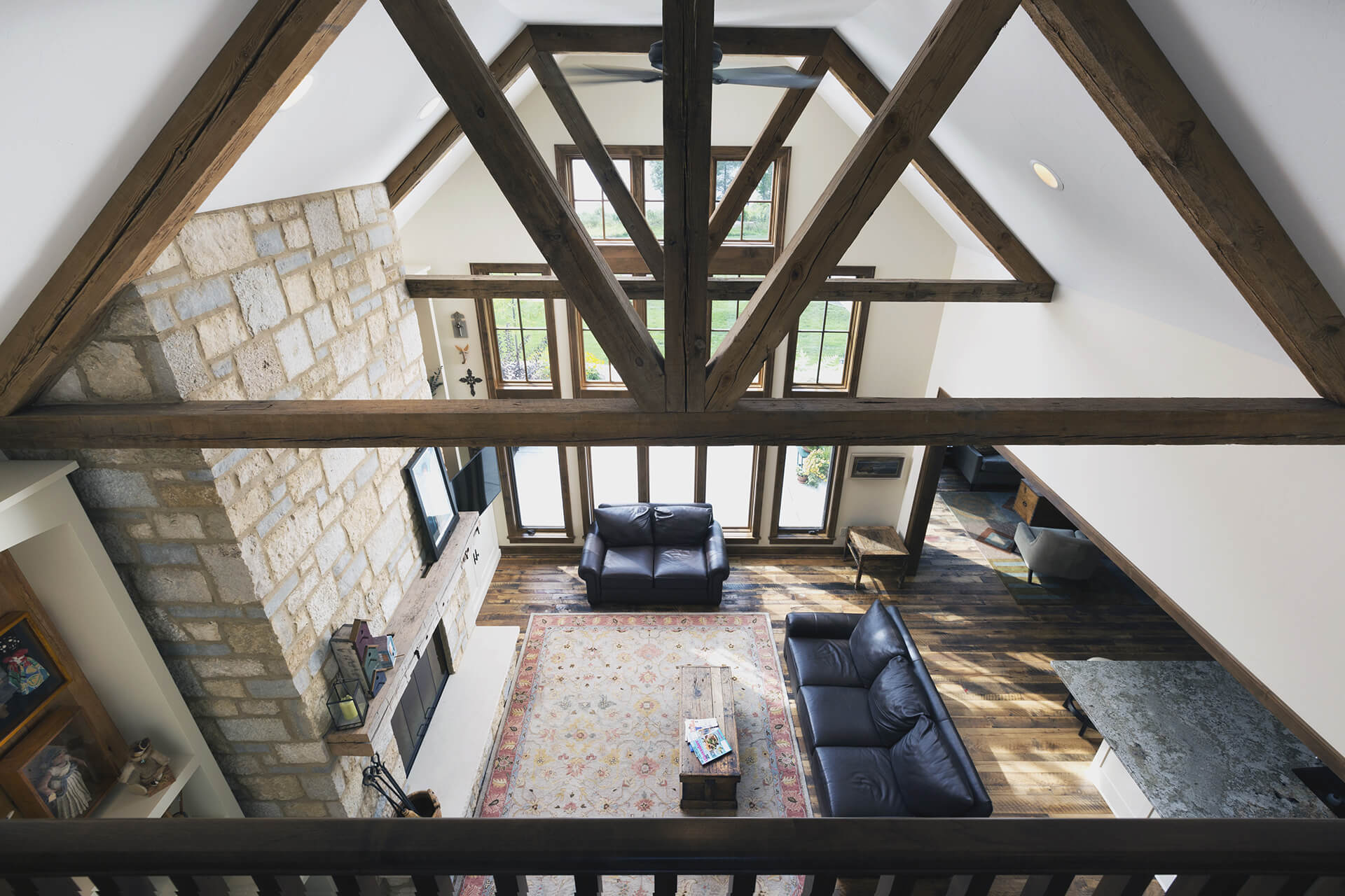 Genesee Lake Farmhouse Living Room - Ceiling beam view