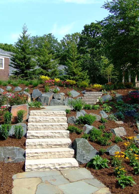 Stone stairway surrounded by landscaping.